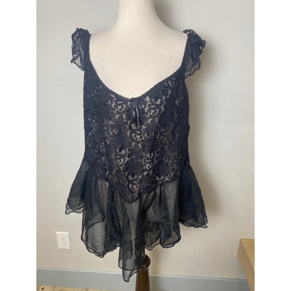 Vintage Alana Gale Intimates Black Lace Sheer Mesh Babydoll Top Plus Size 3X